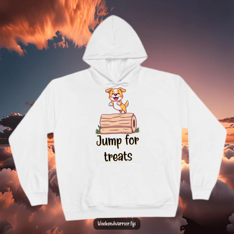 Funny Jumping Dog Hoodie showcasing a happy dog performing a spectacular jump over a log, ideal for cozy, humorous wear.