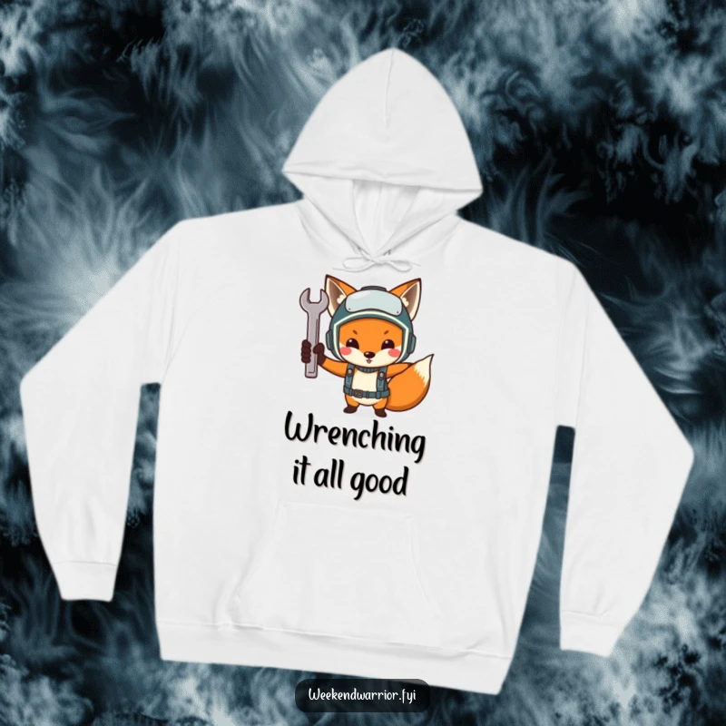Funny Determined Fox Mechanic Hoodie, a fox in a helmet with a wrench, perfect for warm and humorous workshop wear.