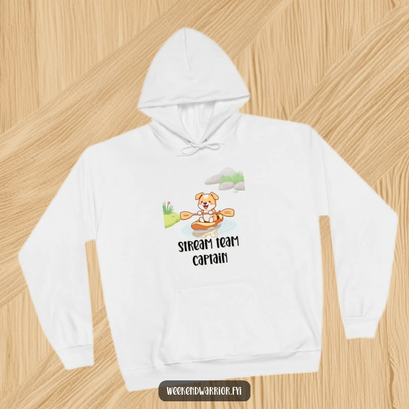Funny hoodie with an energetic dog paddling in a stream using a paddle, combining warmth with a humorous and active design.