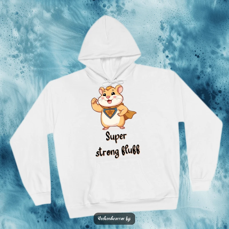 Funny hoodie featuring a muscular hamster character flexing, wearing a superhero cape, embodying strength and fun.