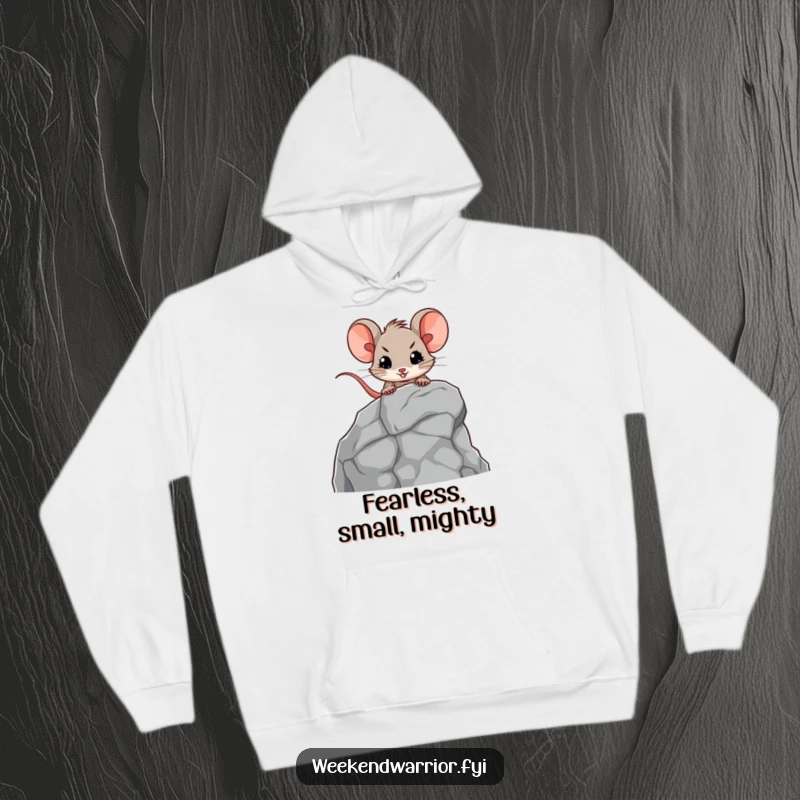 Funny hoodie depicting a brave mouse character scaling a miniature rock face, exuding determination and a spirit of adventure for cozy wear.