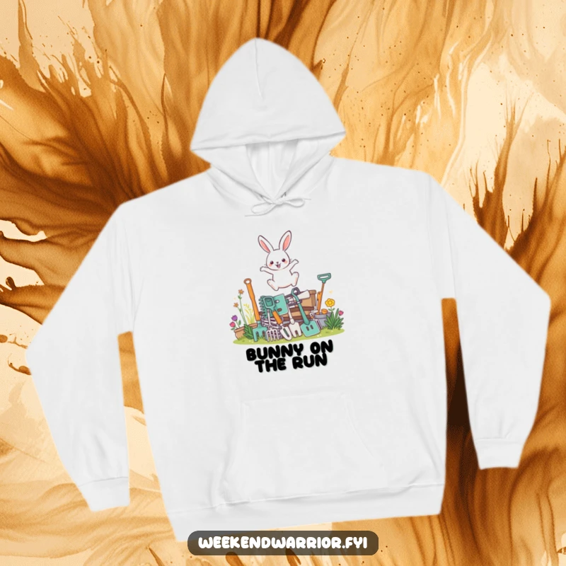 Funny hoodie featuring a determined rabbit character leaping over a stack of gardening tools, perfect for cozy gardening.