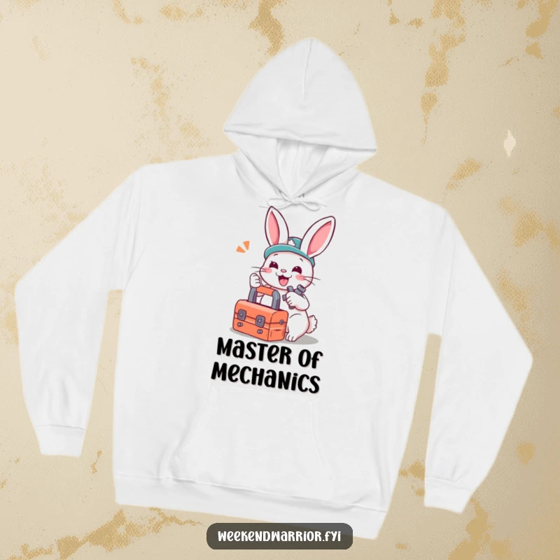 Funny hoodie: A cheerful rabbit with a complete toolbox, focused on tightening a bolt with a happy, determined expression.