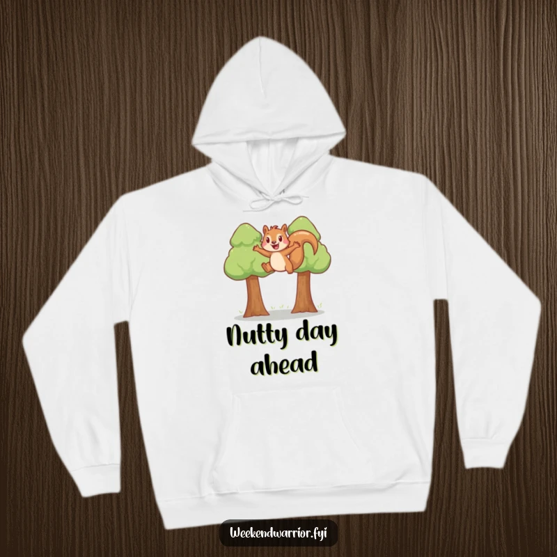 Funny joyful squirrel leaping across a gap between two trees, captured humorously on a warm hoodie.
