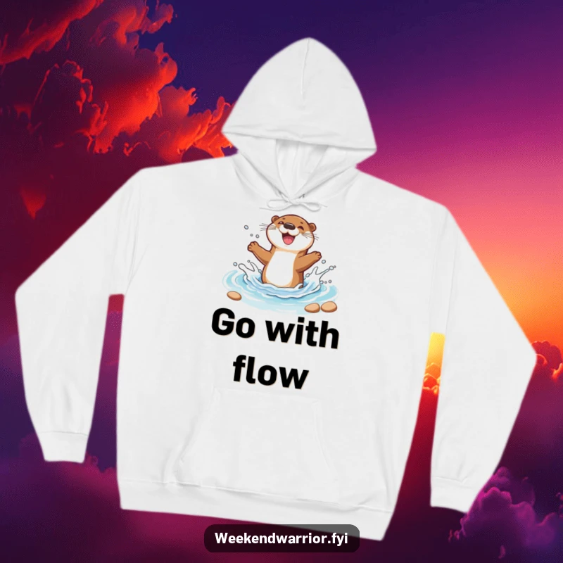 Funny hoodie showcasing a gleeful cartoon otter splashing with delight in a vibrant stream, bringing playful energy.