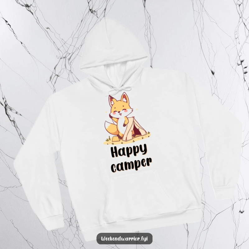 Funny Kawaii Fox Hoodie: A cute fox is depicted triumphantly planting a small tent, its cheerful expression radiating outdoor fun and accomplishment.