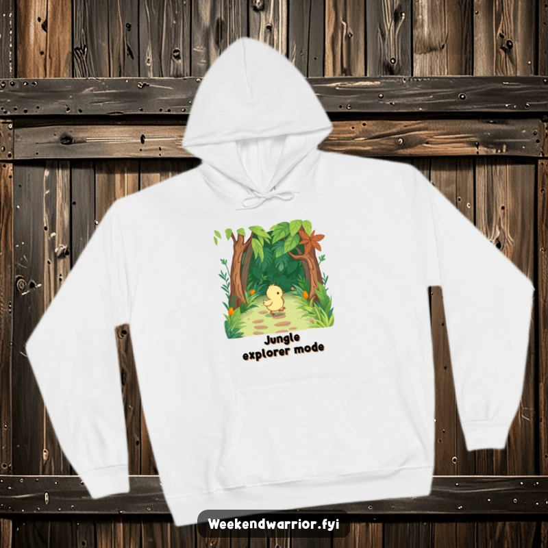 Funny Chick Hoodie depicting a cute chick with tiny boots, marching through a lush jungle path.