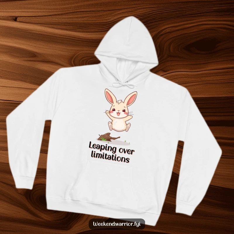 Funny hoodie print of a happy rabbit making a powerful, victorious leap over a small twig, full of playful energy.