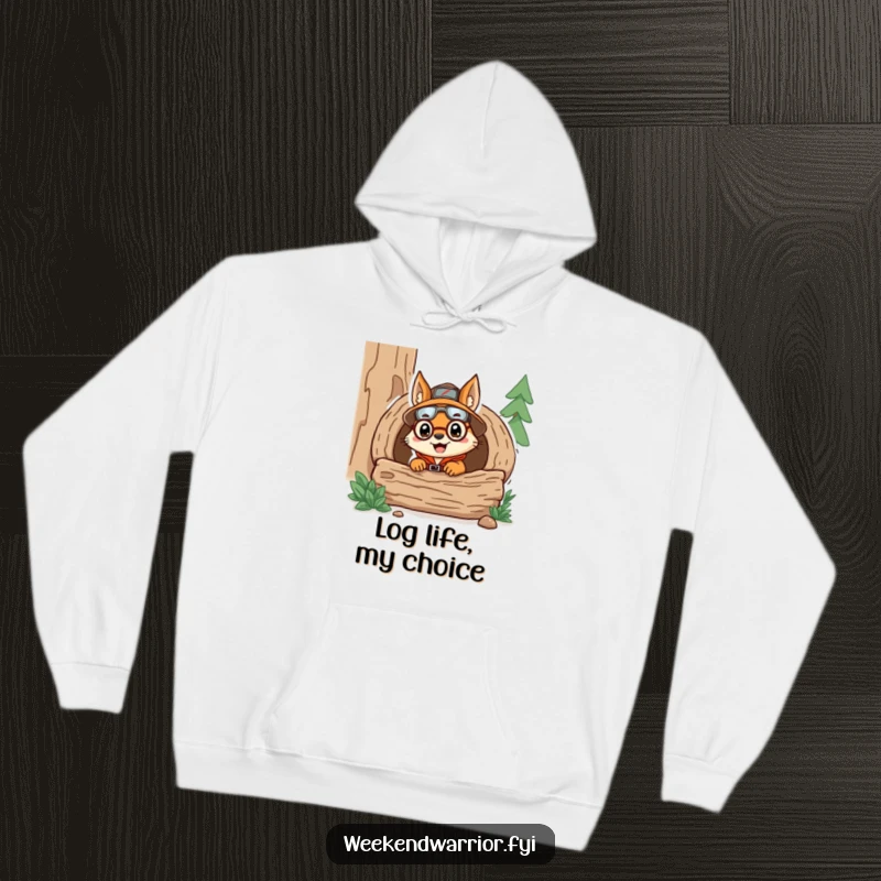 Funny hoodie featuring a delighted squirrel explorer, peering out from a log, ready for adventure, offering warmth and humor.