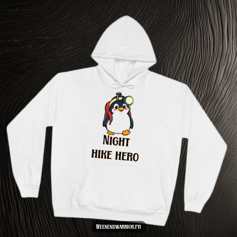 Funny hoodie featuring a goofy penguin with a backpack and headlamp, ready for arctic adventures or everyday exploration.
