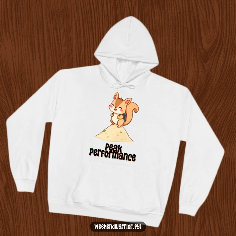 Funny hoodie: A happy squirrel wearing a backpack as it cheerfully scales a hill, embracing the outdoors.