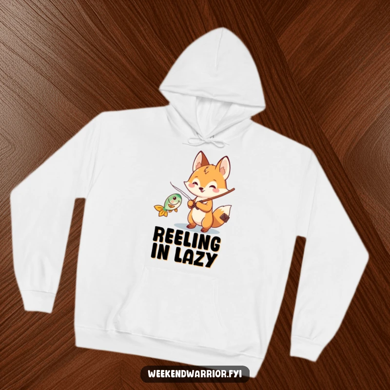 Funny Kawaii fox hoodie featuring a cheerful fishing character reeling in a catch, perfect for cozy relaxation and outdoor warmth.