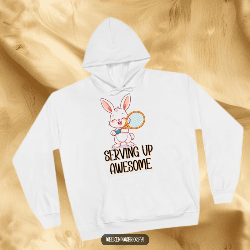 Funny hoodie featuring a happy bunny holding a tennis racket, ready for action, perfect for staying warm with sporty humor.