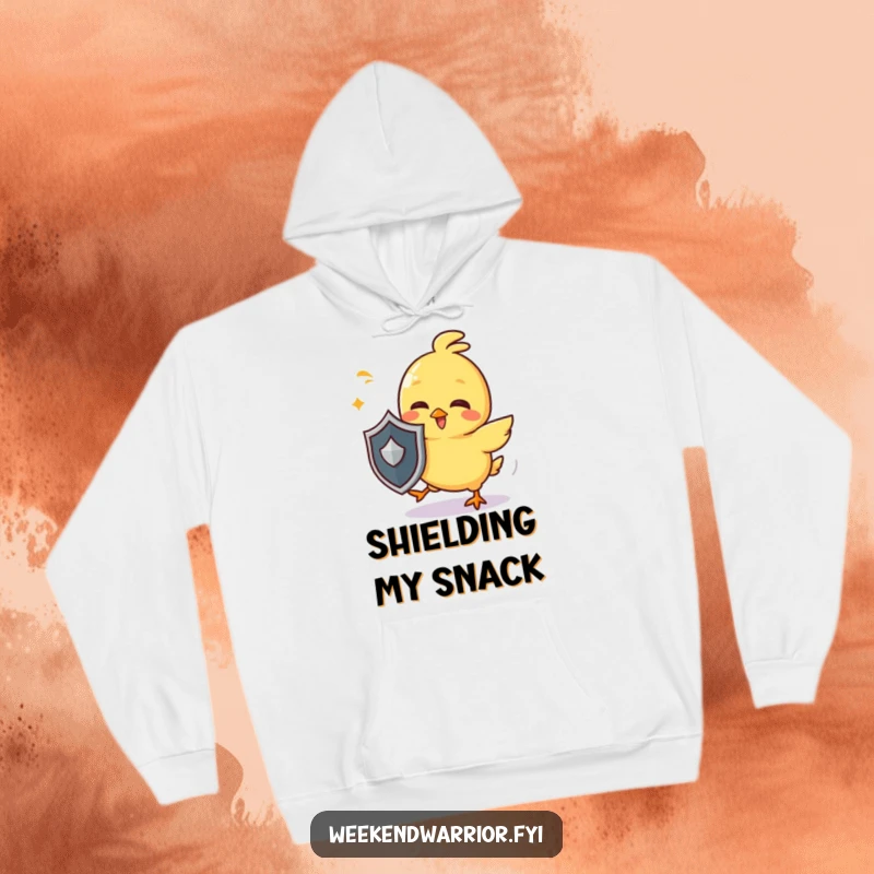 Funny chick hoodie featuring a giggling yellow character with a tiny shield, playfully dodging imaginary attacks, cozy and humorous.