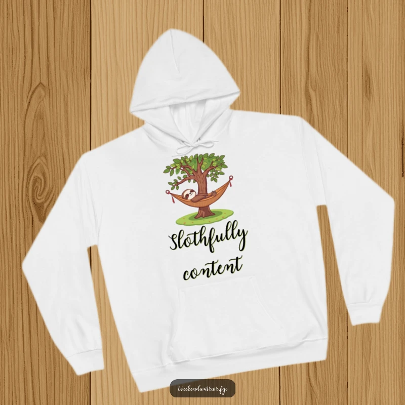 Funny hoodie featuring a content sloth lounging in a hammock under a tree, perfect for relaxation and humorous comfort.