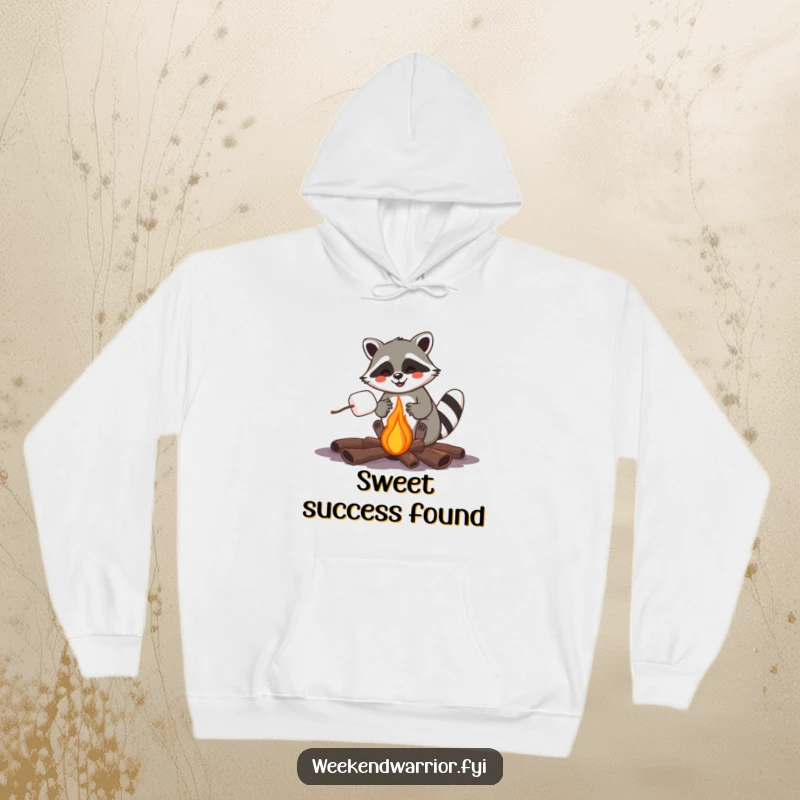 Funny raccoon with a marshmallow over a campfire, perfect cozy and funny gift for campers.