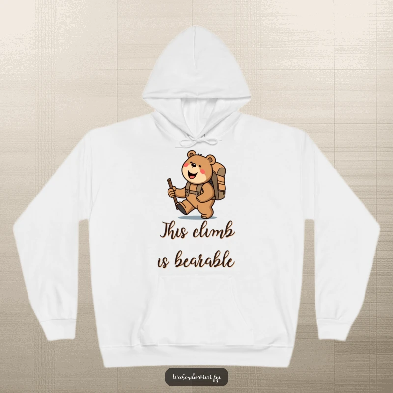 Funny bear with backpack and stick, joyfully trekking uphill, perfect cozy and funny gift for hikers.
