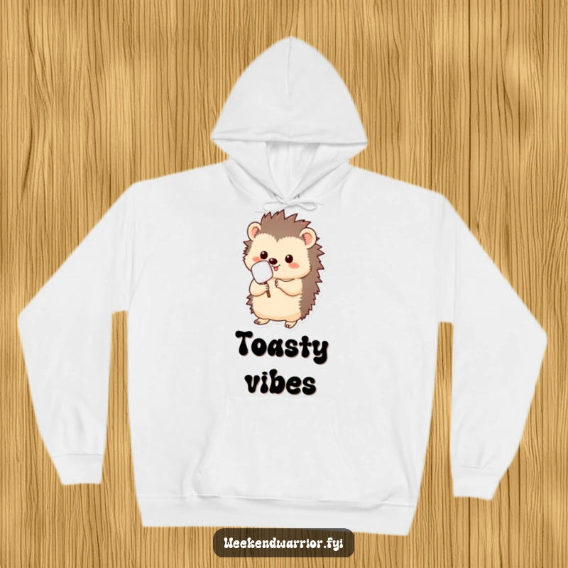 Funny kawaii hedgehog hoodie, holding a marshmallow on a stick, ready for roasting, comfy and cute.