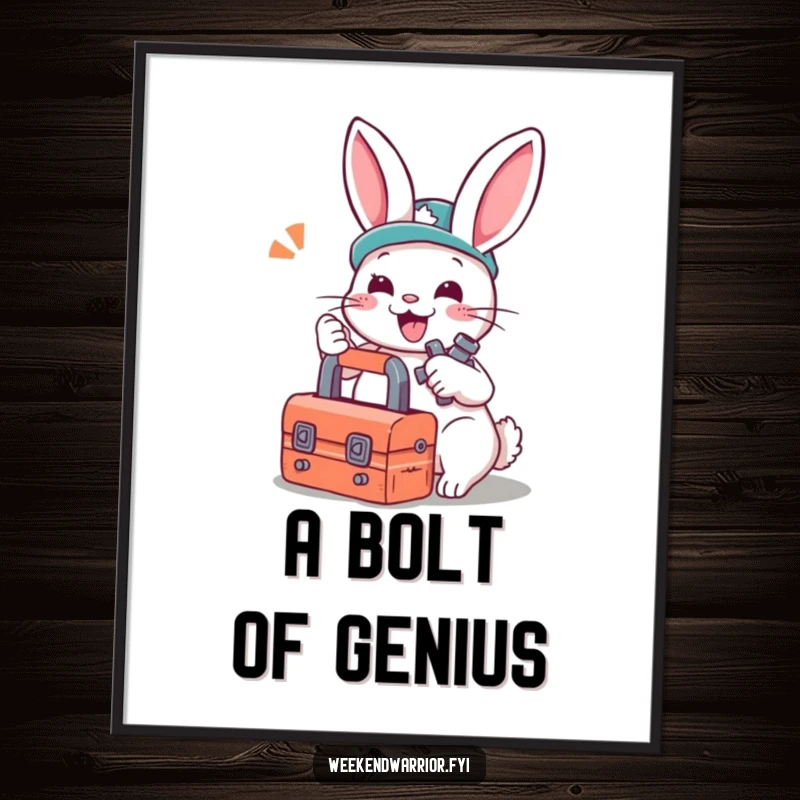 Funny Free Printable Wall Art: A cartoon rabbit mechanic with a toolbox gleefully tightens a bolt, adding quirky charm to any wall.