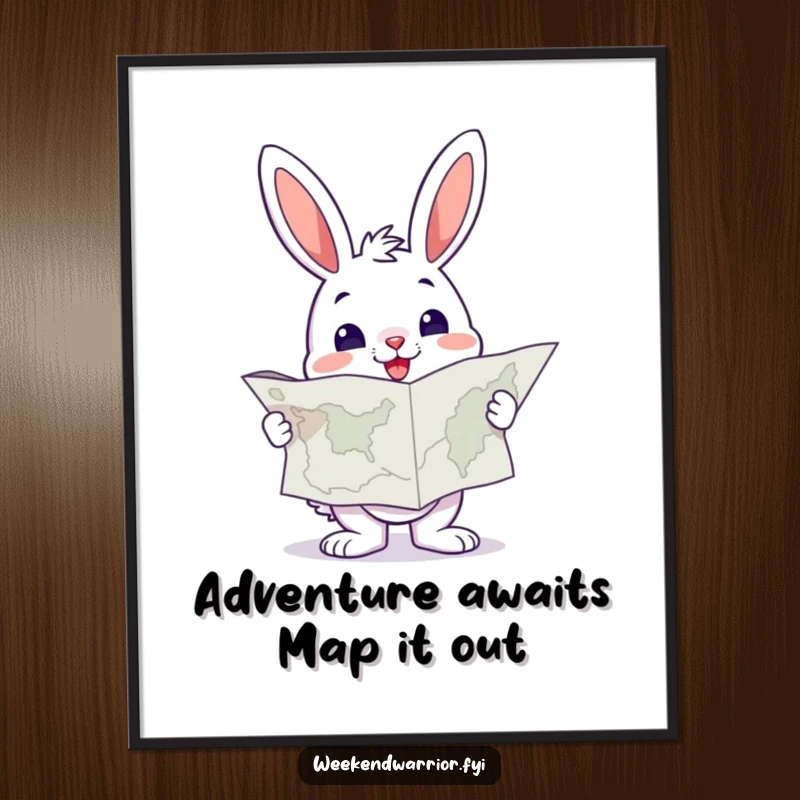 Funny Free Printable Wall Art: Cheerful bunny holding a large map looks determined, embarking on a journey.