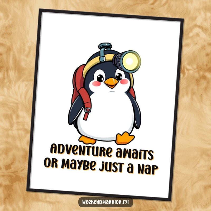 Funny Free Printable Wall Art: Goofy penguin with backpack and headlamp, symbolizing an adventurous spirit and adding humor to decor, a downloadable gift.