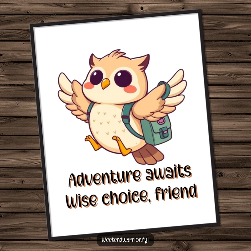 Funny Free Printable Wall Art: A cheerful owl with a packed backpack soars through the sky, ready for any adventure.