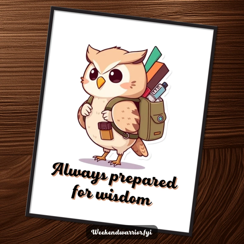 Funny Free Printable Wall Art: Curious Kawaii owl character with a backpack, symbolizing adventure and knowledge.