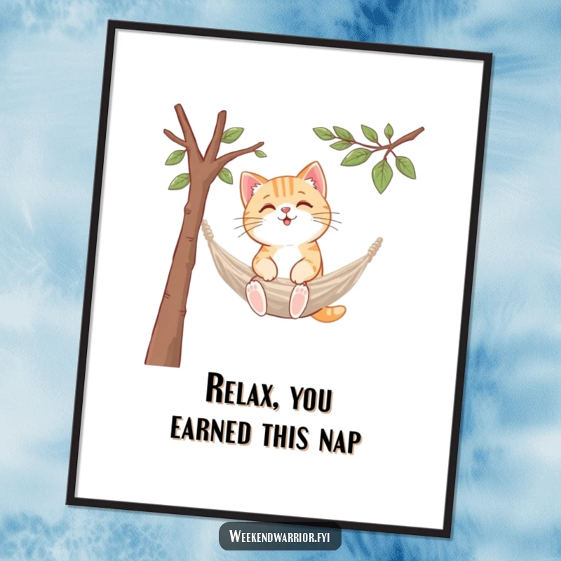 Funny Free Printable Wall Art: A kawaii cat expertly ties a tiny hammock between two branches, showcasing a perfect spot for relaxation, ready to print.