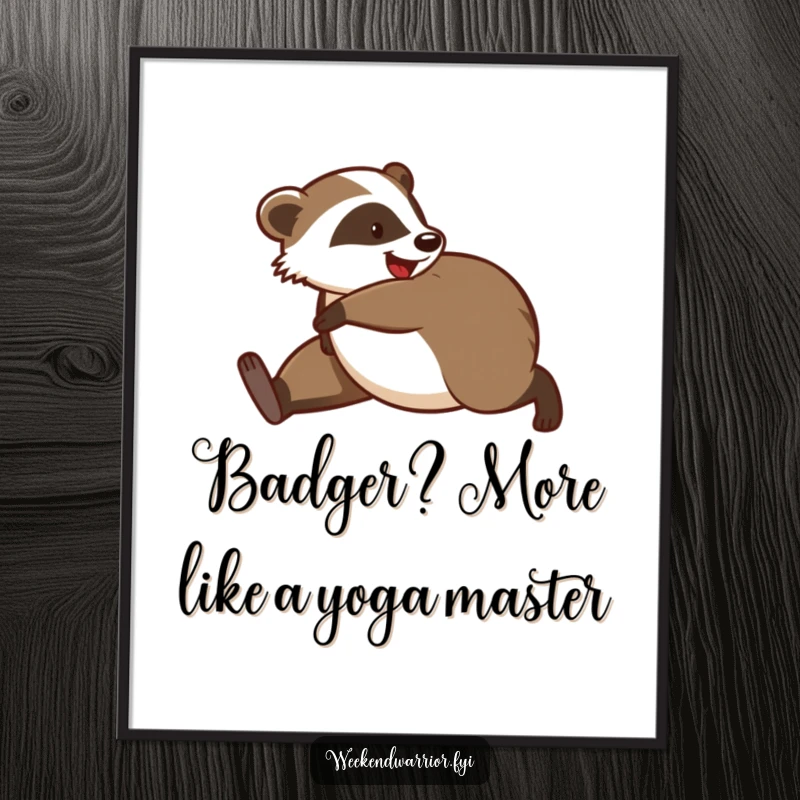 Funny Free Printable Wall Art: Playful badger stretching before a jog, bringing energetic humor to any room as a downloadable decor gift.