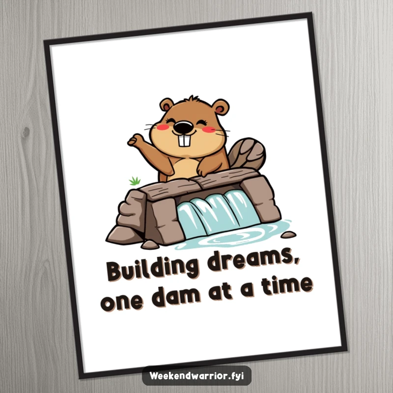 Funny Free Printable Wall Art: A cartoon beaver with sheer enthusiasm, focused on building a dam. Humorous, hardworking downloadable art.