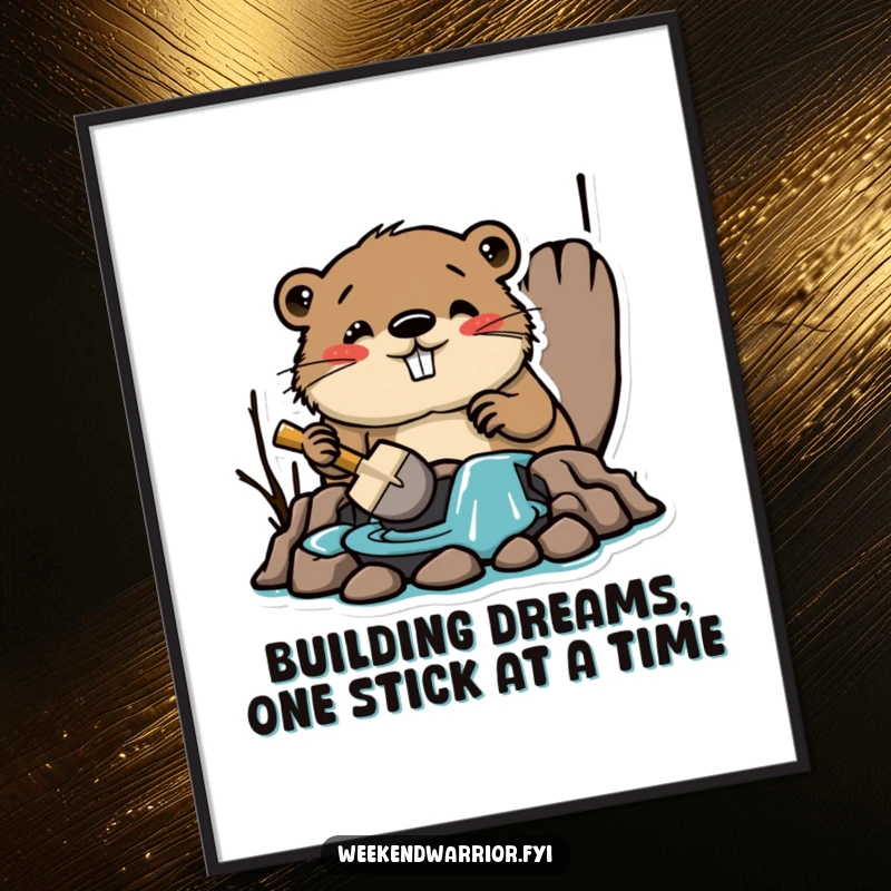Funny Free Printable Wall Art: Amused beaver building a dam with a tiny shovel, adding humorous industriousness and charm to home decor, a downloadable gift.