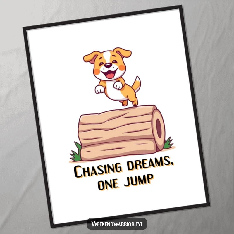 Funny Free Printable Wall Art: A joyful dog captured mid-leap over a log, bringing action and fun to any space. Downloadable art.
