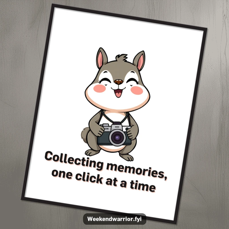 Funny Free Printable Wall Art: An energetic cartoon squirrel with a camera around its neck, capturing life’s moments with zest.