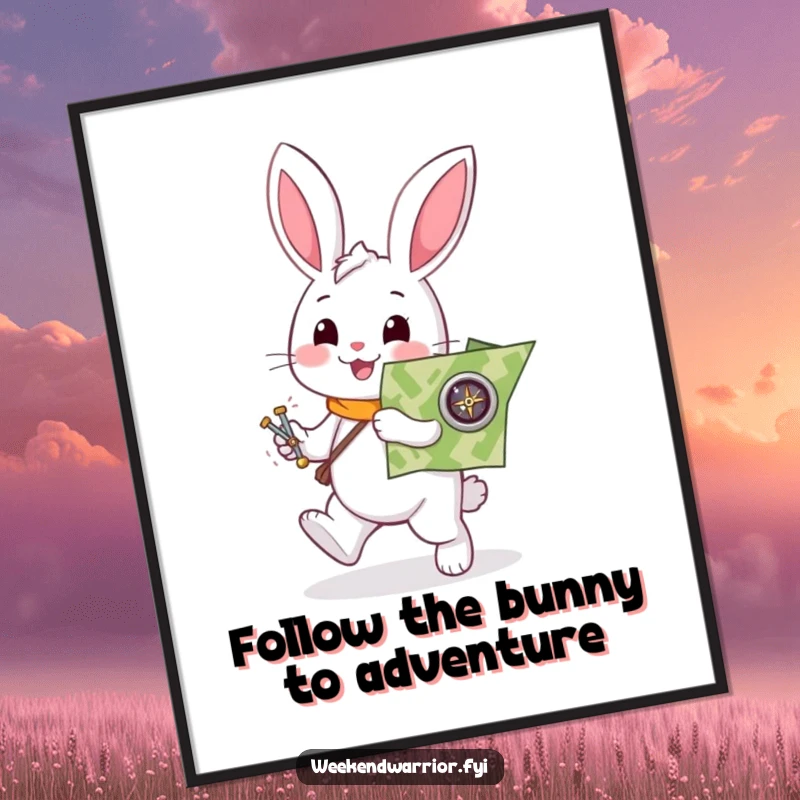 Funny Free Printable Wall Art: Helpful white rabbit character enthusiastically holding a map and compass, ready for adventure.