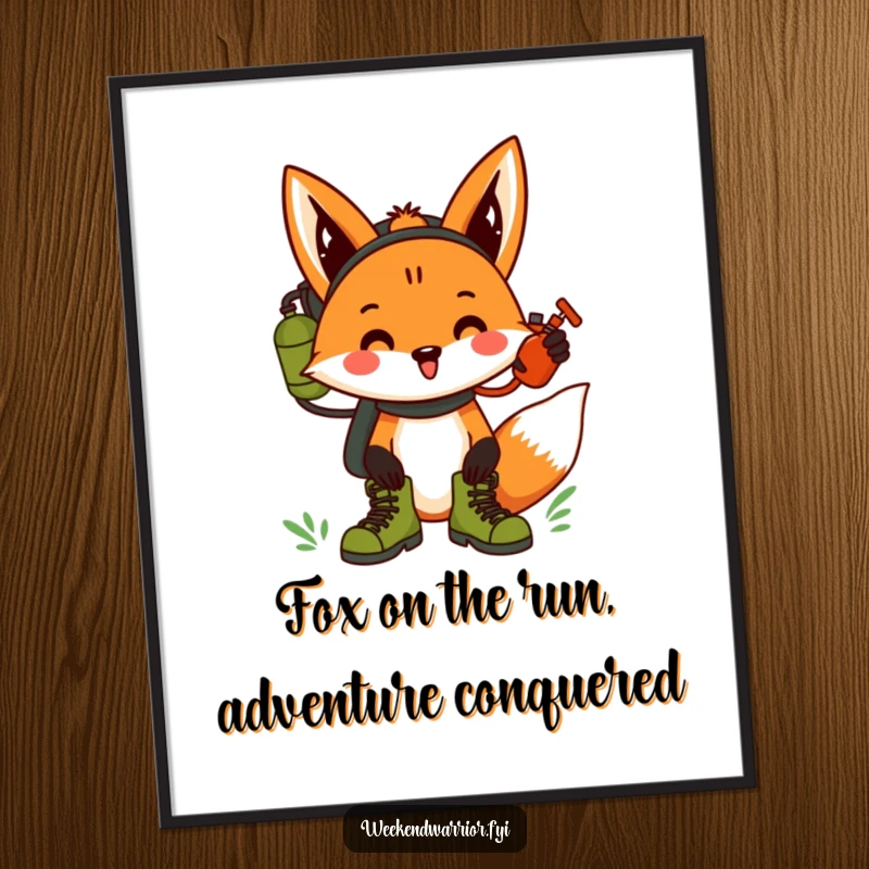 Funny Free Printable Wall Art: Cheering fox wearing hiking boots and carrying a canteen, full of energy and humor.