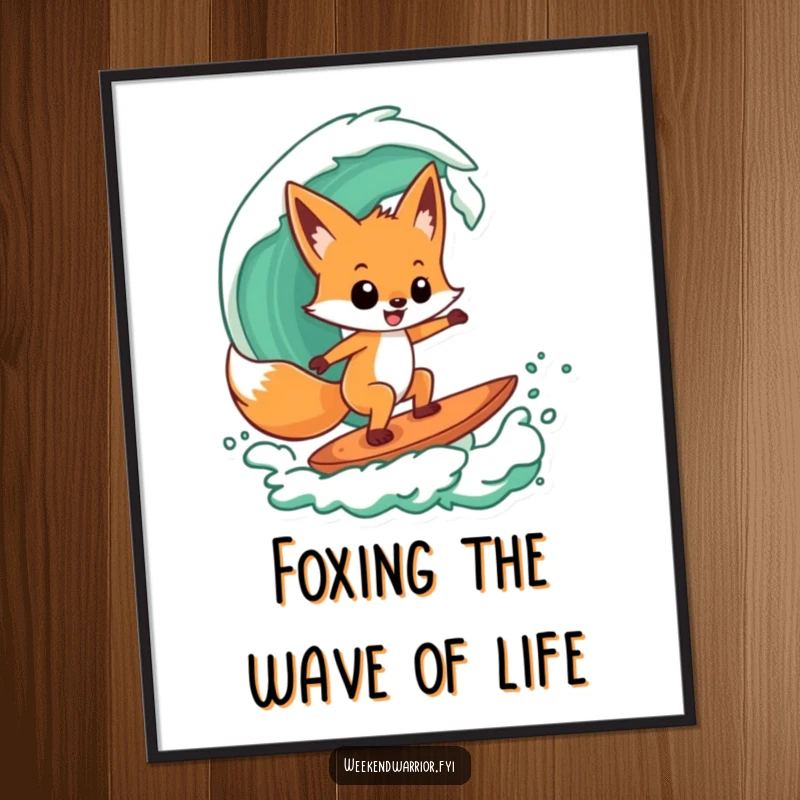 Funny Free Printable Wall Art of a playful fox character confidently surfing a stylized, green wave with a cool attitude.