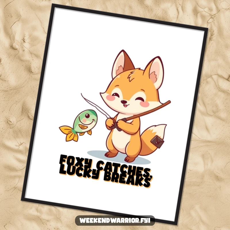 Funny Free Printable Wall Art: Cheerful Kawaii fox character fishing, reeling in a fish with a humorous expression.