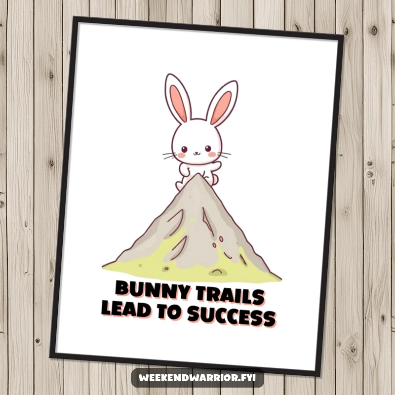 Funny Free Printable Wall Art: Happy Kawaii rabbit character hiking up a mountain peak with determination and humor.