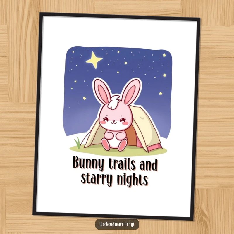 Funny Free Printable Wall Art: Cheerful pink bunny character confidently preparing a tent under a vast, starry night sky.