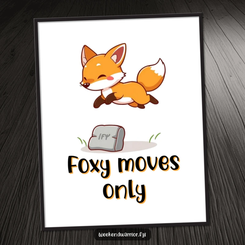 Funny Free Printable Wall Art: a cheerful fox leaping energetically over an obstacle, embodying playfulness and dynamic movement for decor.
