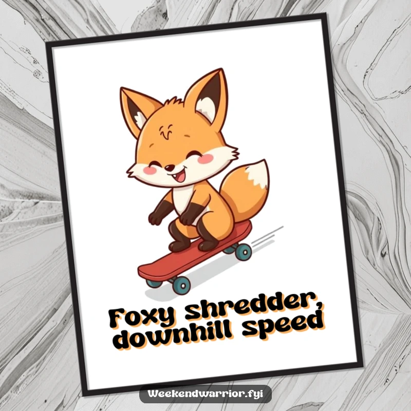 Funny Free Printable Wall Art: A cheerful fox with a massive grin, expertly riding a tiny skateboard downhill.