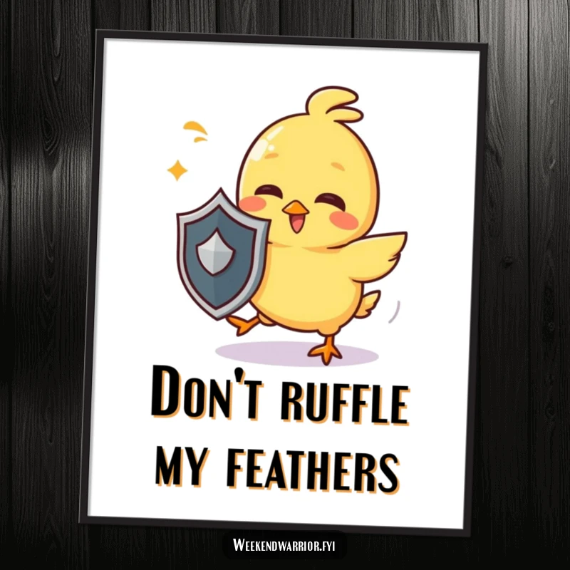 Funny Free Printable Wall Art: Giggling yellow chick character with a mini shield playfully dodging imaginary attacks with gusto.