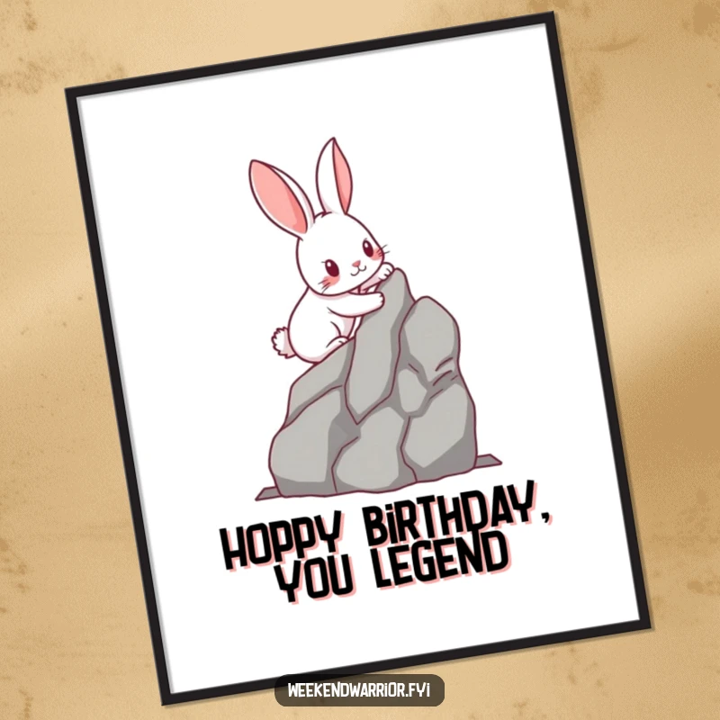 Funny Free Printable Wall Art: Kawaii rabbit with determined paws scaling a miniature rock face, inspiring art.