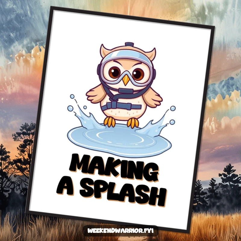 Funny Free Printable Wall Art: An owl in protective gear comically splashes into a small puddle, creating humorous and eye-catching decor.