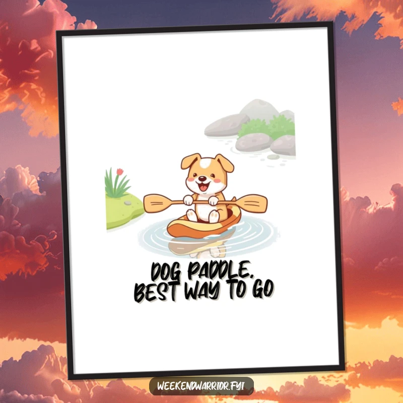 Funny Free Printable Wall Art: An energetic dog enthusiastically paddling in a small stream with a paddle, adding playful charm.