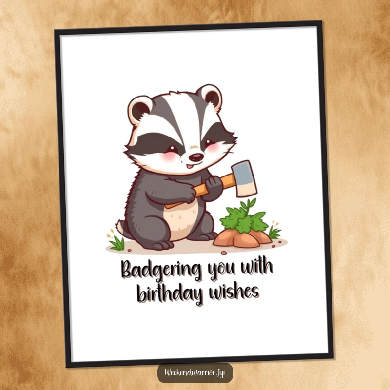 Funny Free Printable Wall Art: Kawaii badger with tiny axe enthusiastically hacking a bush, humorous decor.