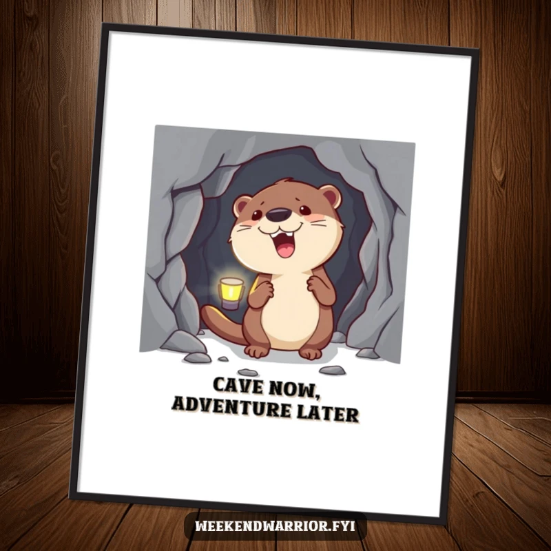 Funny Free Printable Wall Art: Happy otter wearing a headlamp enthusiastically explores a dark, mysterious cave.