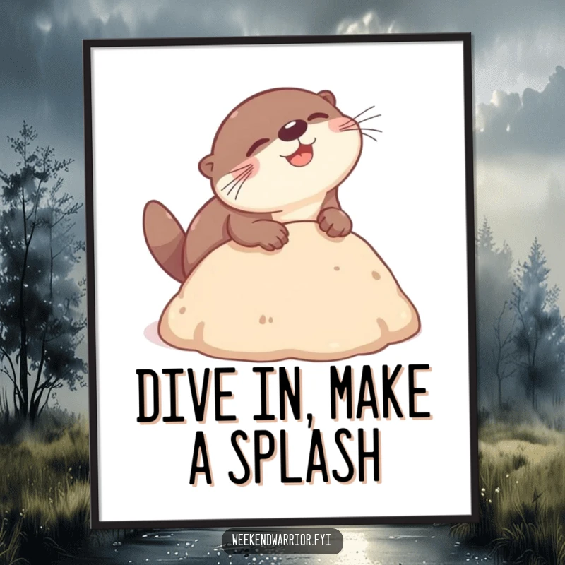 Funny Free Printable Wall Art: A happy otter caught mid-air performing a comical diving headbutt into a soft mound.