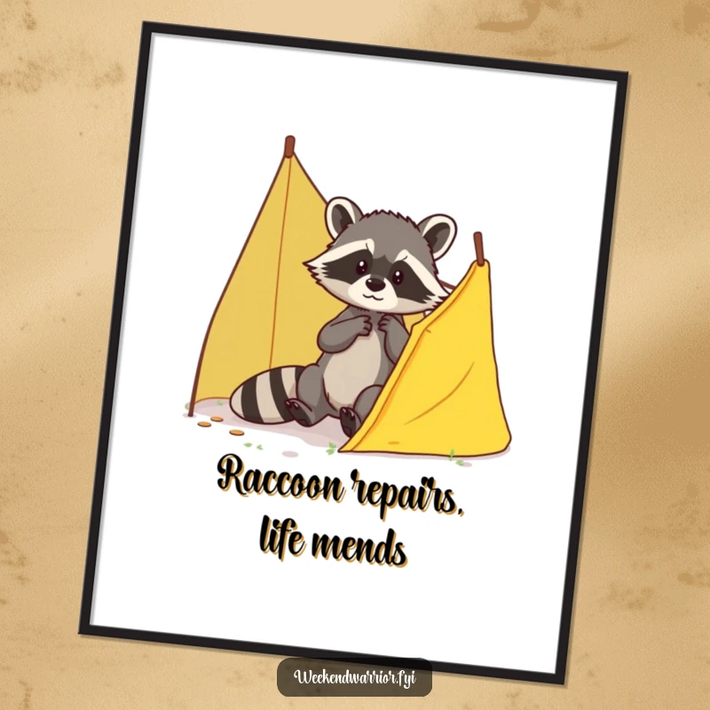 Funny Free Printable Wall Art: A brave raccoon diligently patching a tent, adding a touch of humor and coziness. Downloadable art.