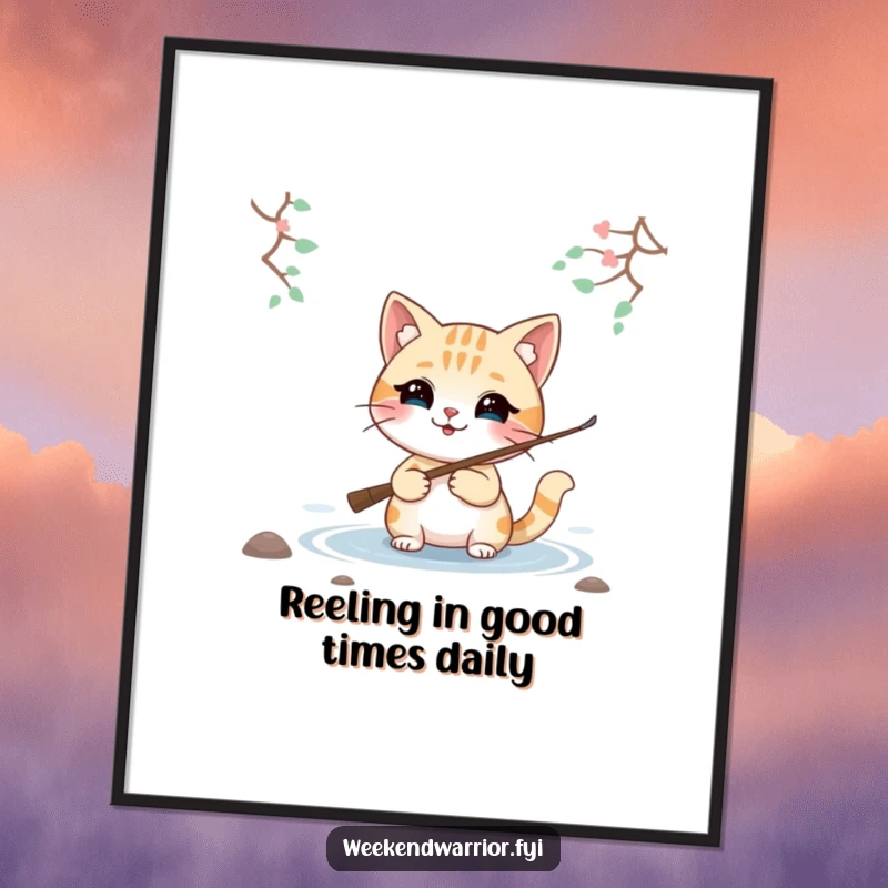 Funny Free Printable Wall Art: Smiling cat character fishing by a serene lake, embodying a peaceful and humorous angler's paradise.